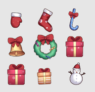 artist:kyokistudio asset bell bow box candy_cane christmas christmas_stocking hat mittens png present snowflake snowman stripes wreath // 265x257 // 45KB
