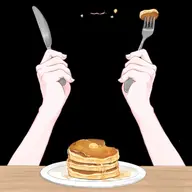 artist:okichii_spice asset butter eating food_on_face fork knife pancake plate png syrup table tos:like_required tos:redistribution_prohibited tos:retweet_required with_arms with_mouth // 480x480 // 69KB