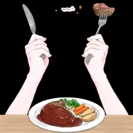 artist:okichii_spice asset beef broccoli carrot eating food_on_face fork knife meat plate png potato steak table tos:like_required tos:redistribution_prohibited tos:retweet_required with_arms with_mouth // 480x480 // 75KB