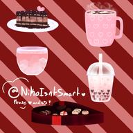 artist:nininiko asset boba_tea cake chocolate chocolate_box drink food has:heart has:marshmallow has:sugar_cube hot_chocolate png price:free tea valentines_day // 780x780 // 261KB